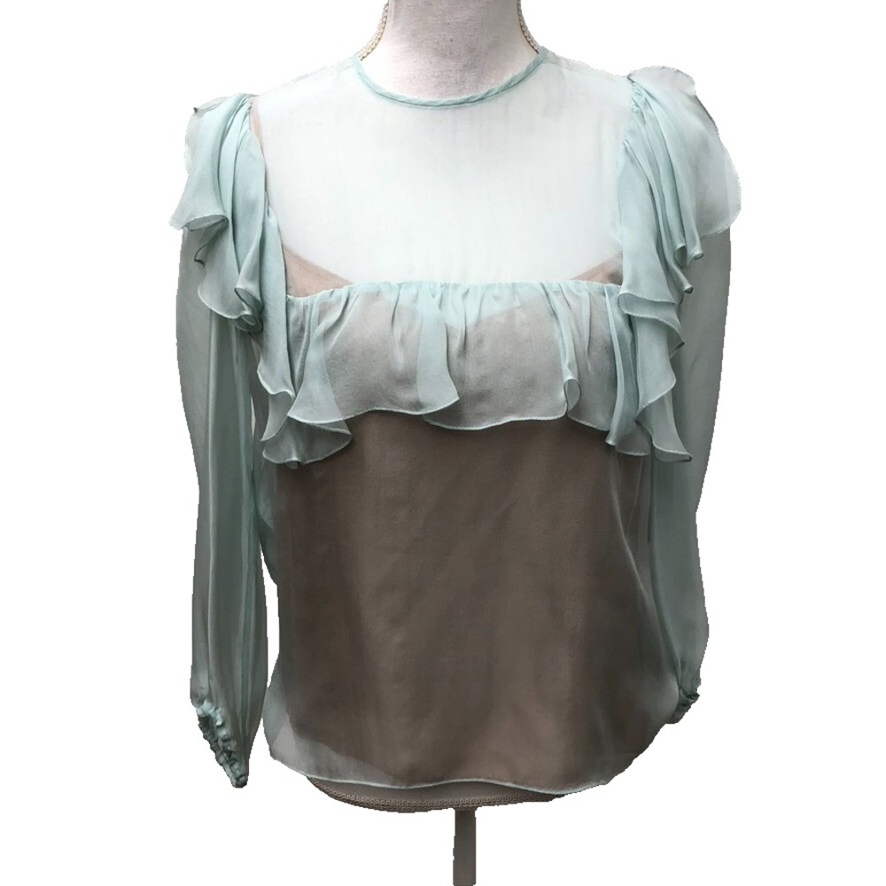 Rochas Silk Blouse Top Womens 42 6 8‎ Ruffle Sheer Green Coquette Fairy Peasant